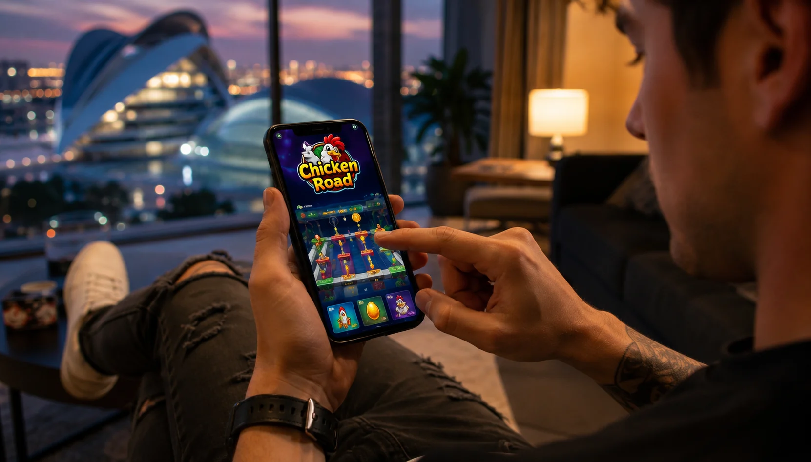 Usuario navegando en Chicken Road App desde smartphone en un apartamento moderno en España.