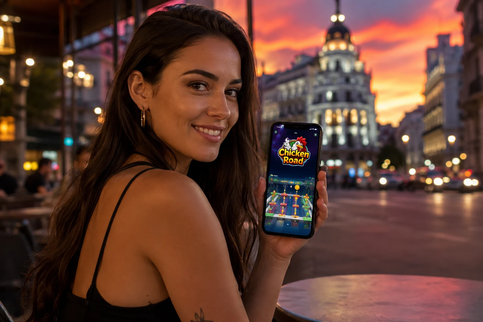 Mujer usando Chicken Road España desde móvil en una cafetería moderna con interfaz de juego online visible.
